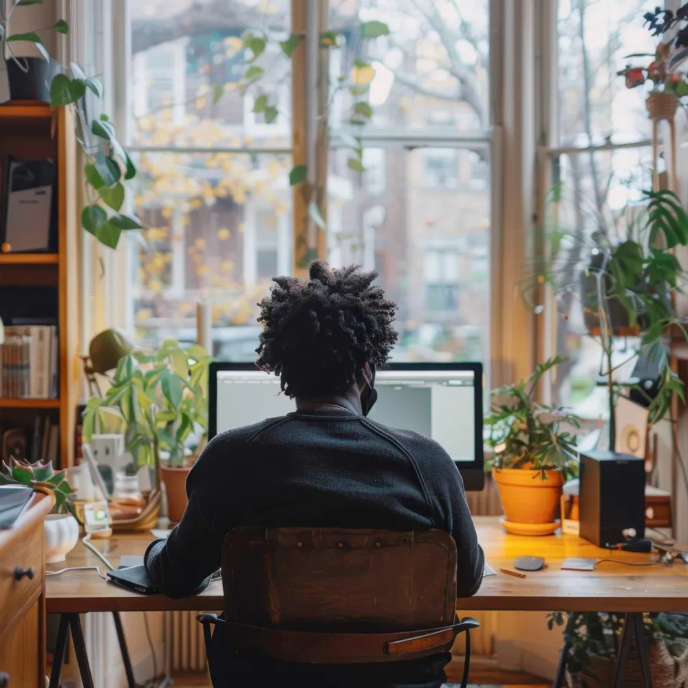 person on computer with plants